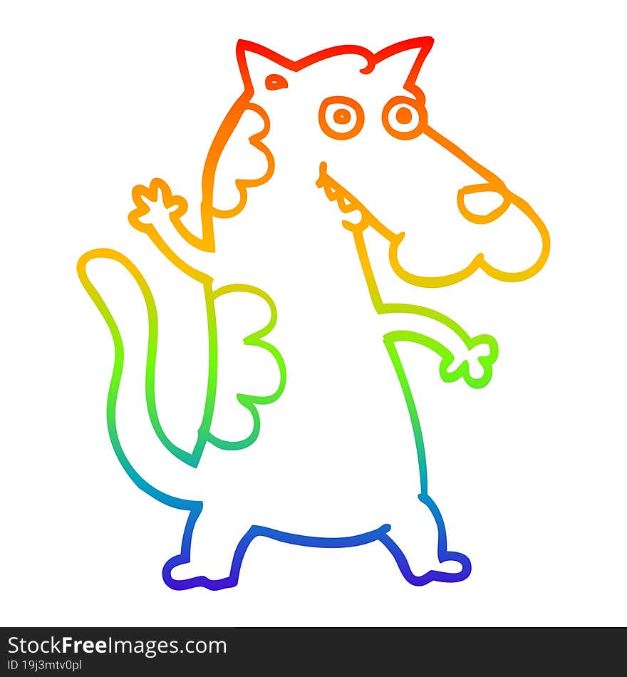 rainbow gradient line drawing of a cartoon dog waving