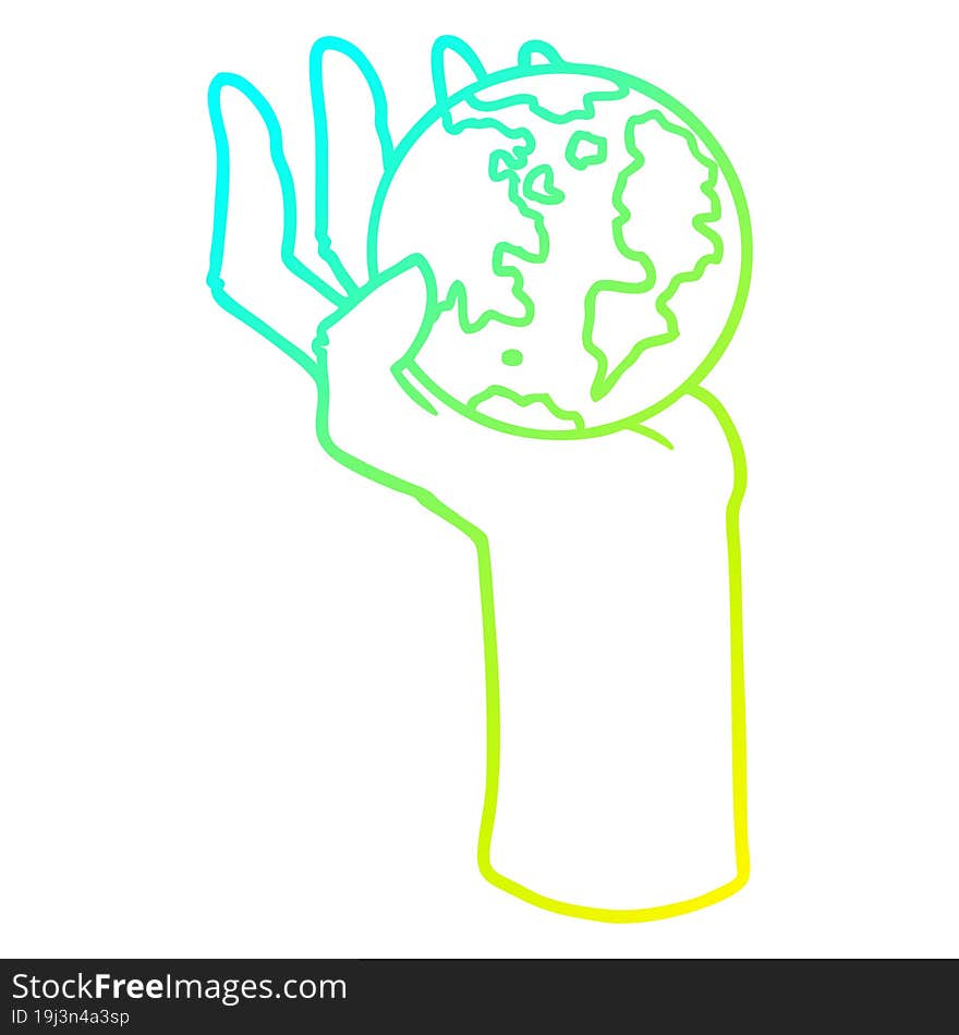 cold gradient line drawing of a cartoon hand holding whole earth