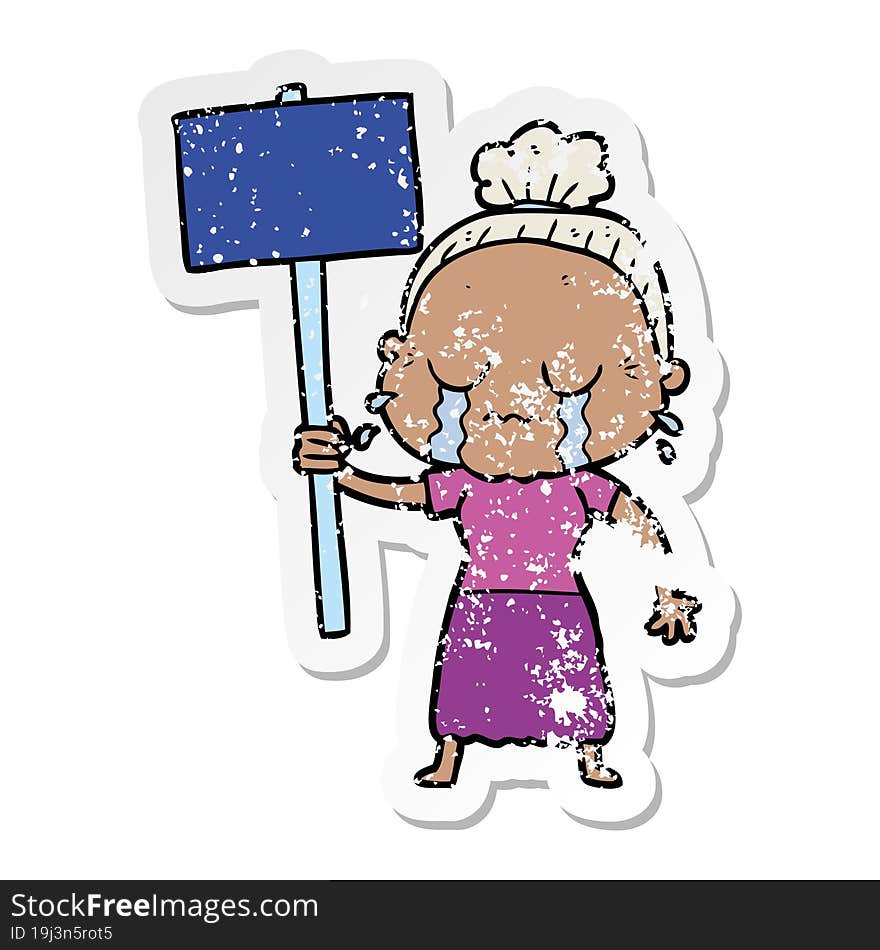 distressed sticker of a cartoon old woman crying while protesting