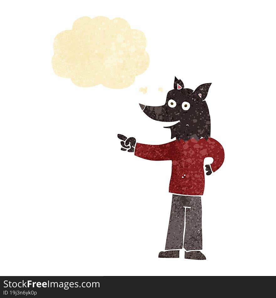 Cartoon Wolf Man Pointing With Thought Bubble