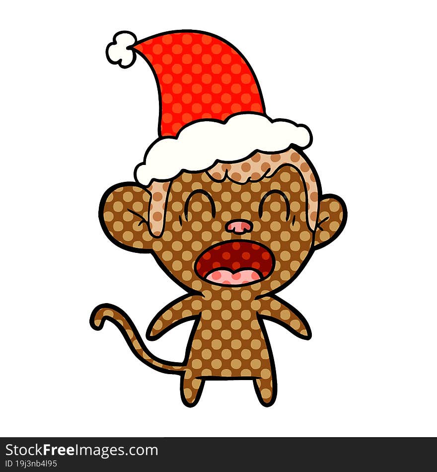 shouting comic book style illustration of a monkey wearing santa hat