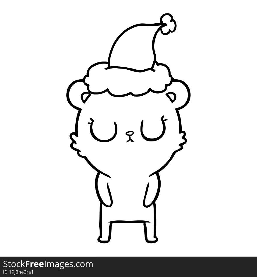 Peaceful Line Drawing Of A Bear Wearing Santa Hat