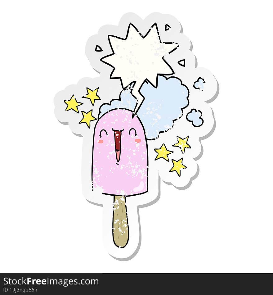 cute cartoon ice lolly and speech bubble distressed sticker