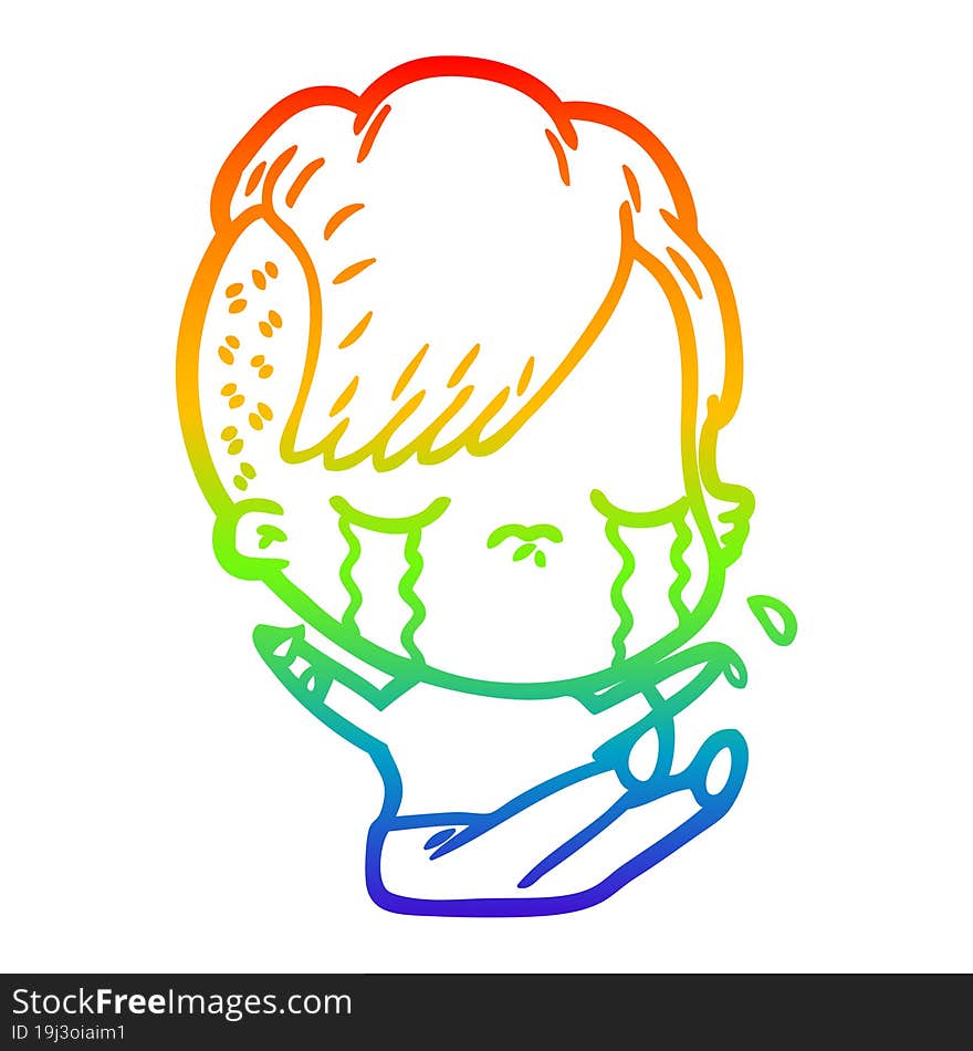 rainbow gradient line drawing of a cartoon crying girl