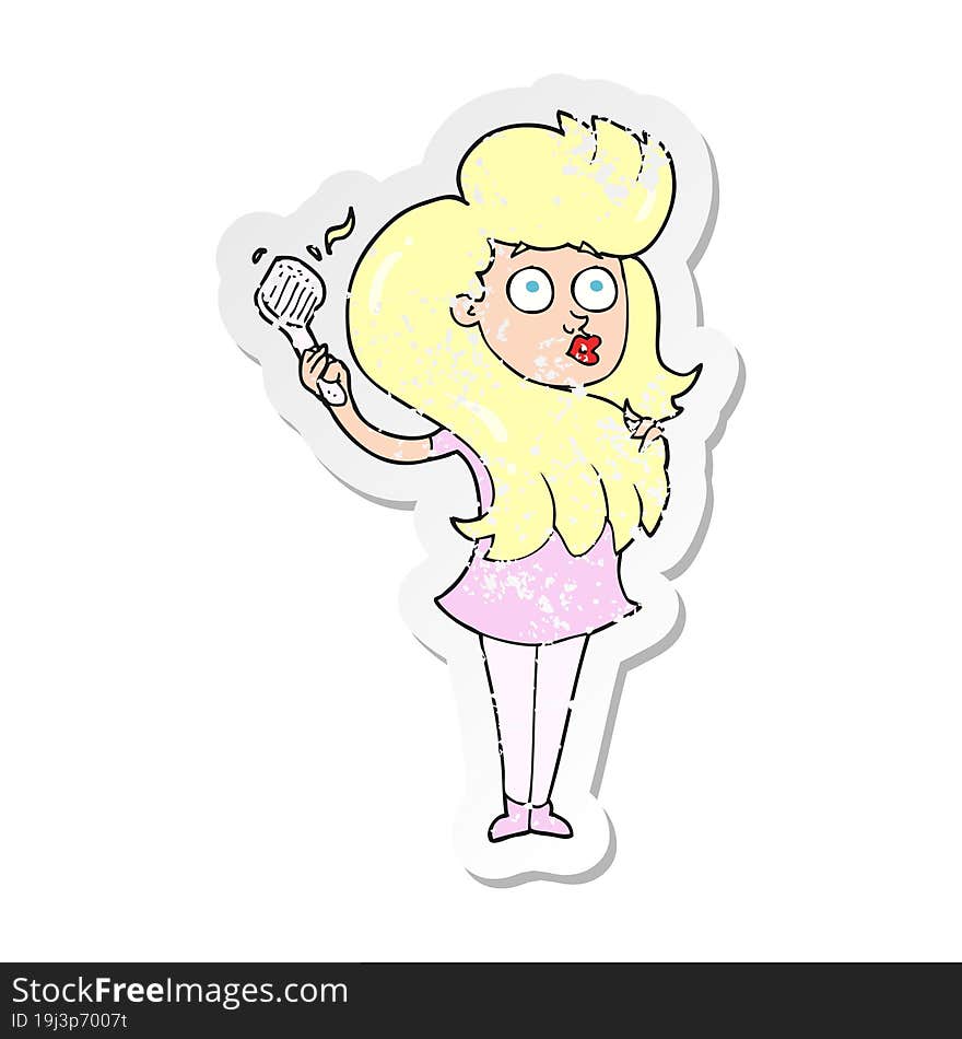 retro distressed sticker of a cartoon woman brushing hair