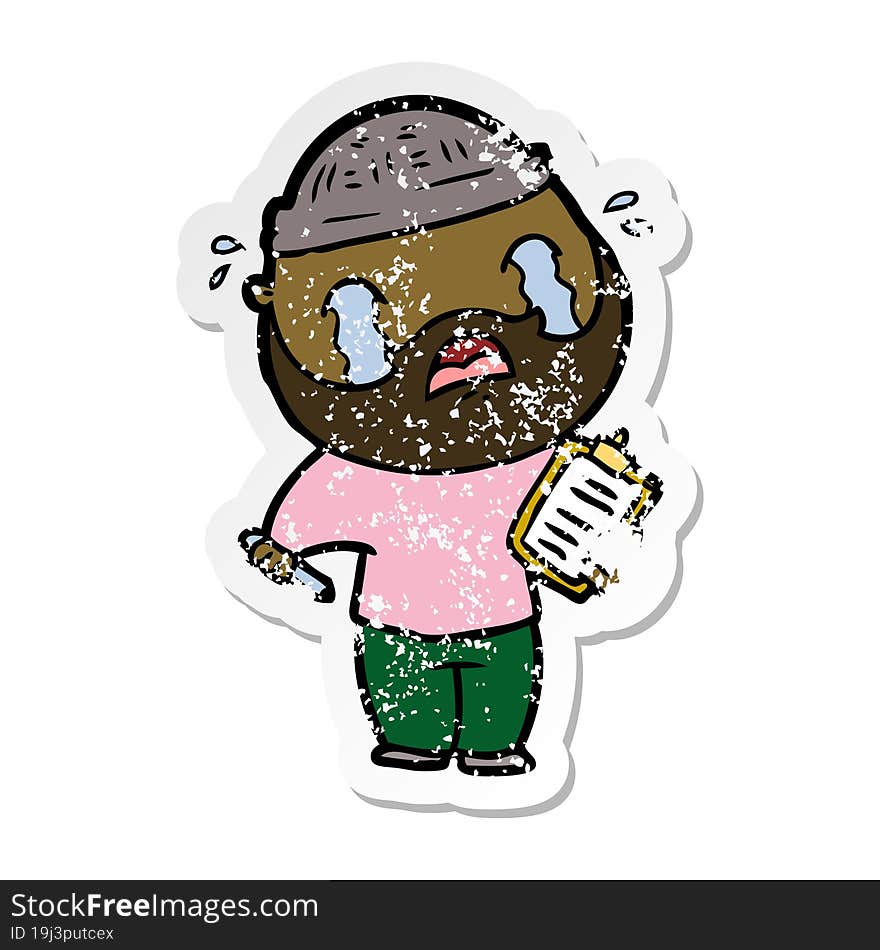 distressed sticker of a cartoon bearded man crying