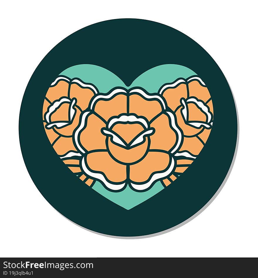 sticker of tattoo in traditional style of a heart and flowers. sticker of tattoo in traditional style of a heart and flowers