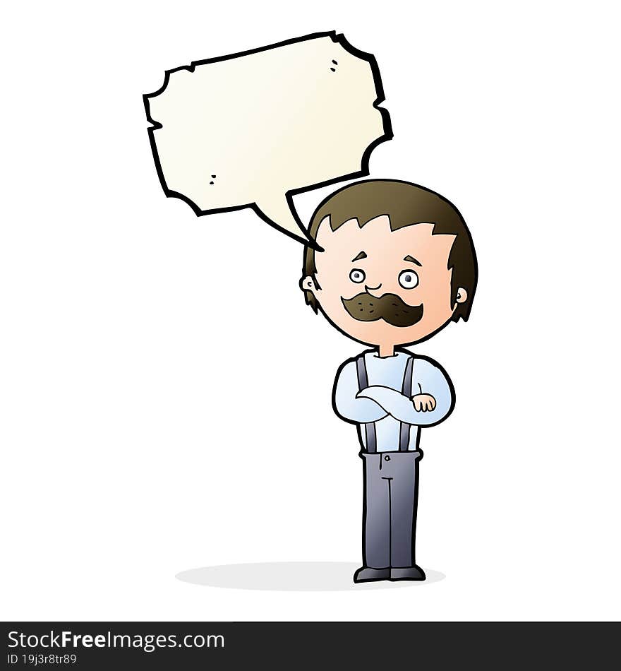 cartoon man with mustache with speech bubble