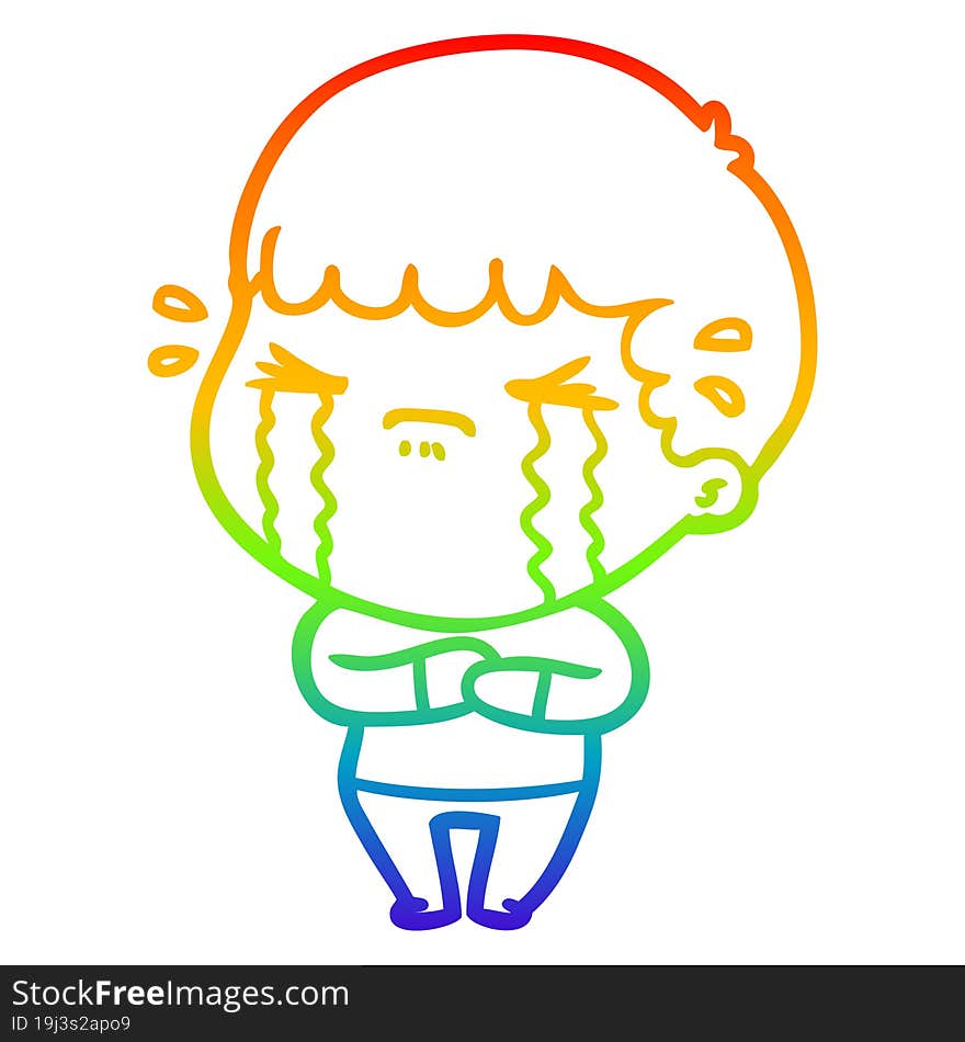 rainbow gradient line drawing of a cartoon man crying