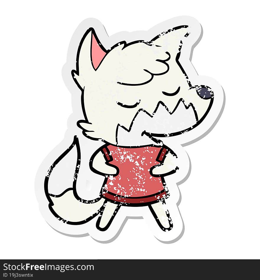 distressed sticker of a friendly cartoon fox