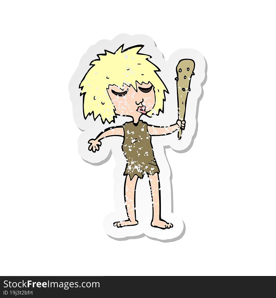 Retro Distressed Sticker Of A Cartoon Cave Woman