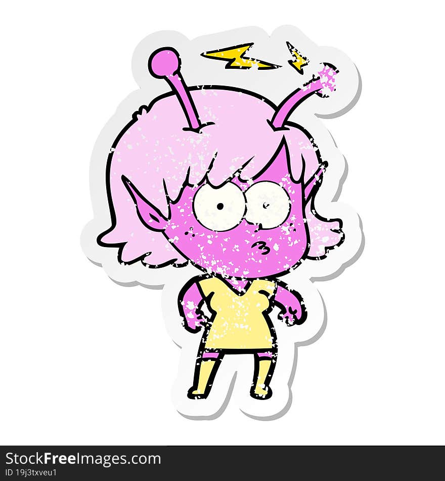 distressed sticker of a cartoon alien girl