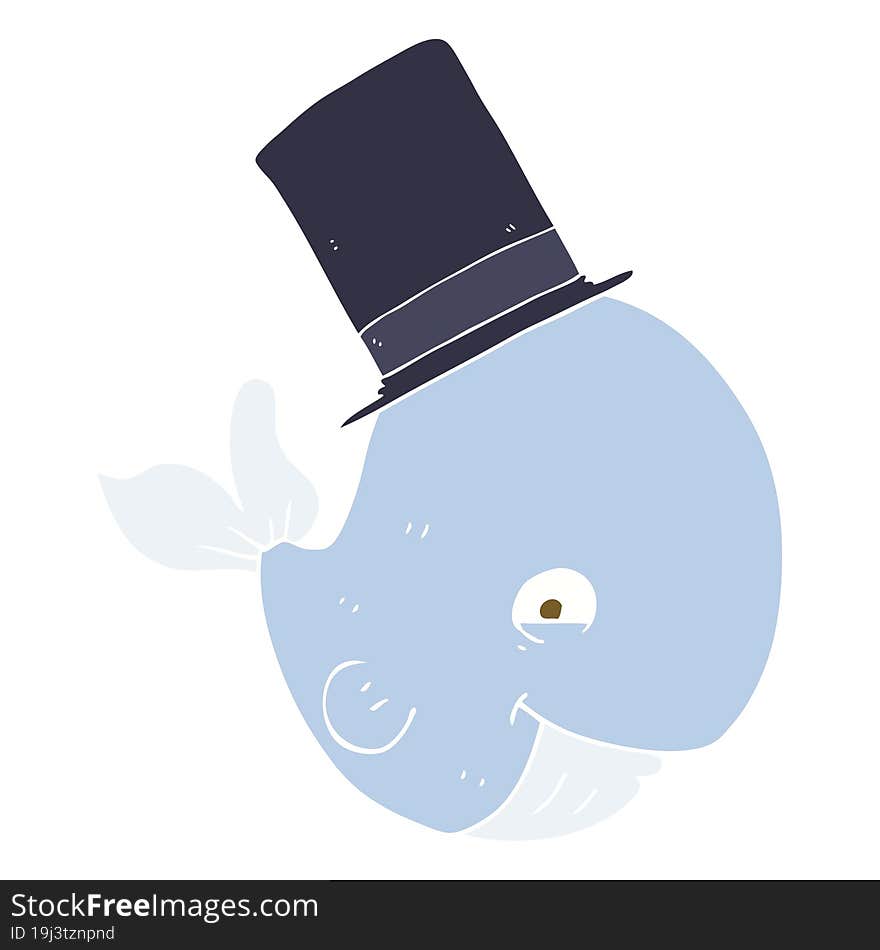 flat color illustration of a cartoon whale in top hat