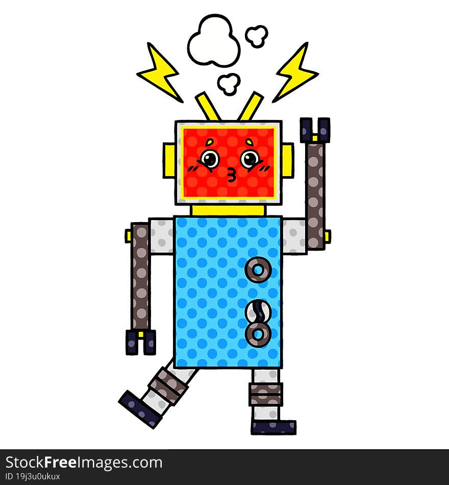 comic book style cartoon of a robot malfunction