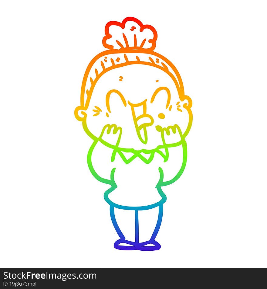 rainbow gradient line drawing of a cartoon happy old woman