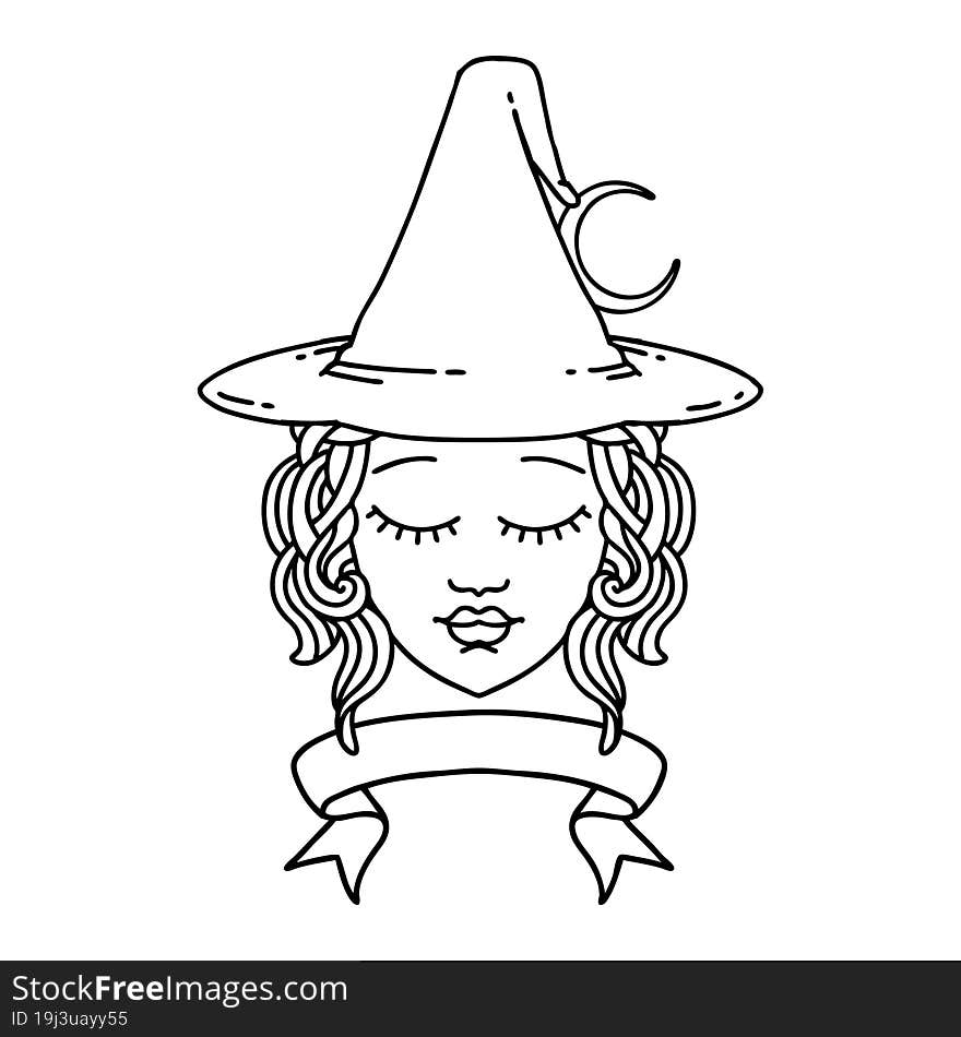 Black and White Tattoo linework Style human witch character with banner. Black and White Tattoo linework Style human witch character with banner