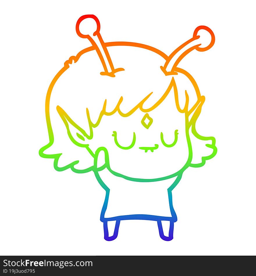 rainbow gradient line drawing of a cartoon alien girl