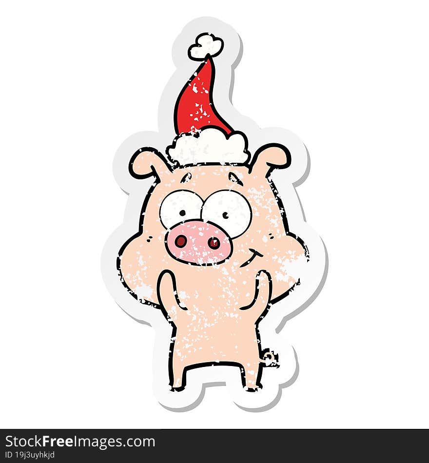 happy distressed sticker cartoon of a pig wearing santa hat