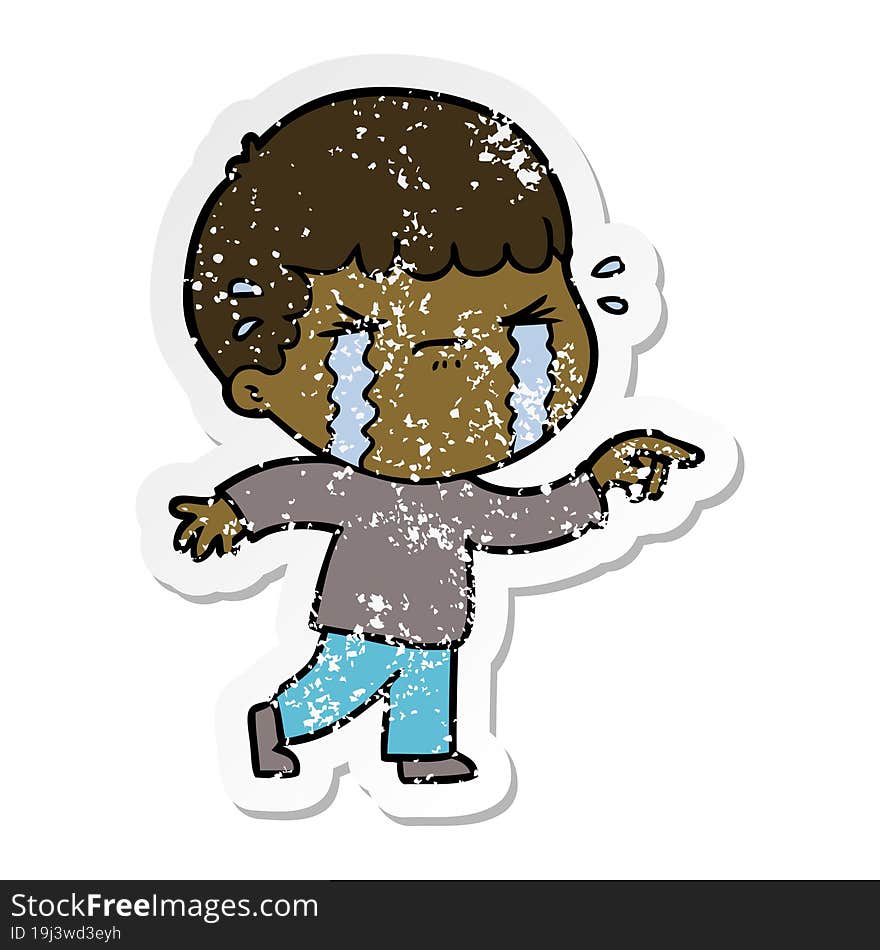 distressed sticker of a cartoon man crying