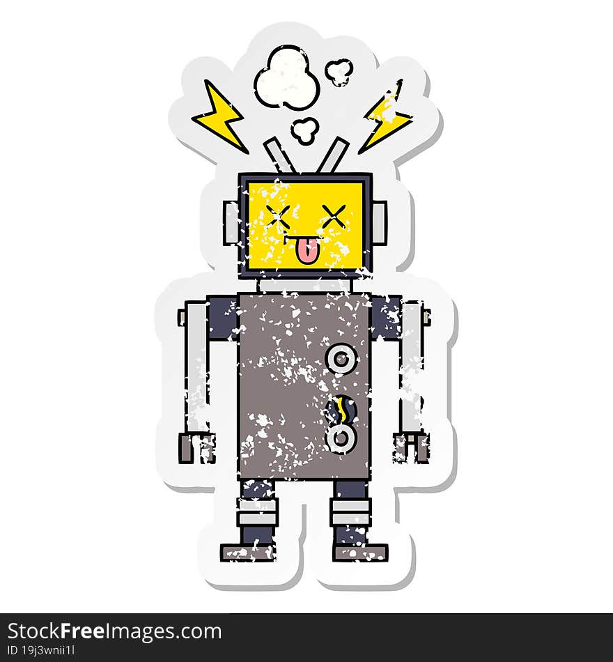 Distressed Sticker Of A Cute Cartoon Malfunctioning Robot