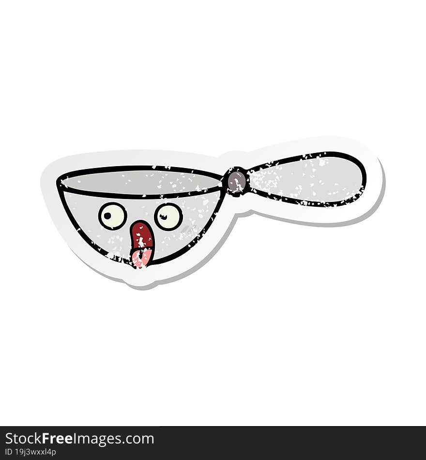 distressed sticker of a cute cartoon measuring spoon