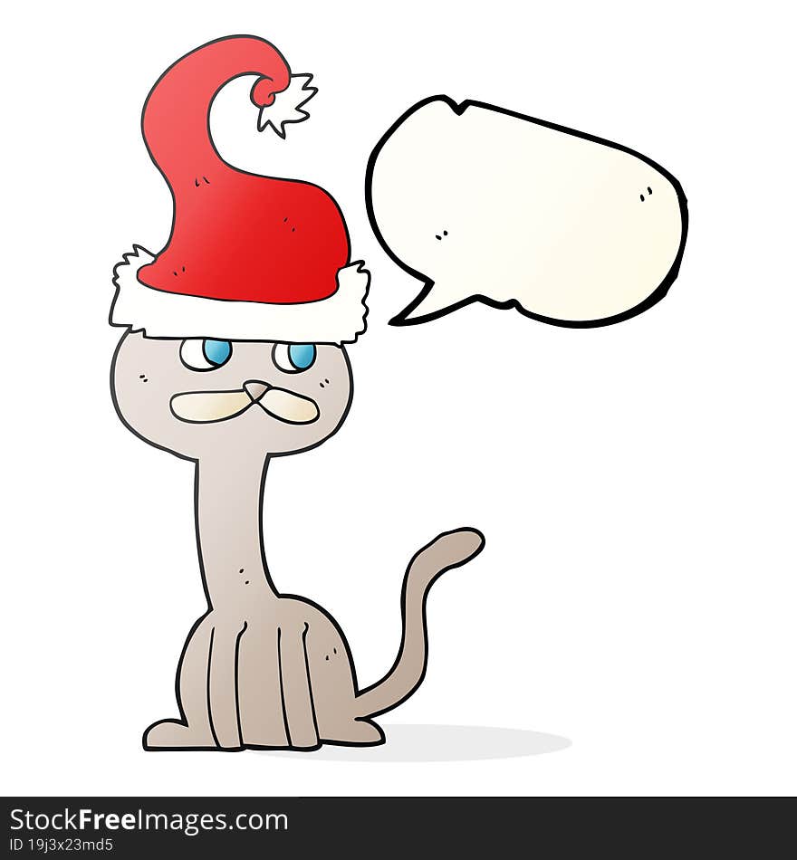 freehand drawn speech bubble cartoon cat wearing christmas hat