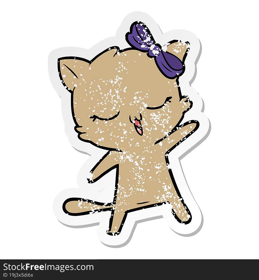 distressed sticker of a cartoon cat with bow on head