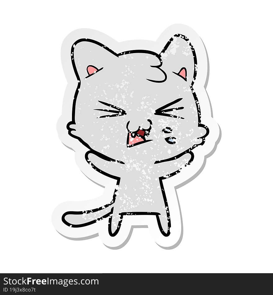 distressed sticker of a cartoon hissing cat