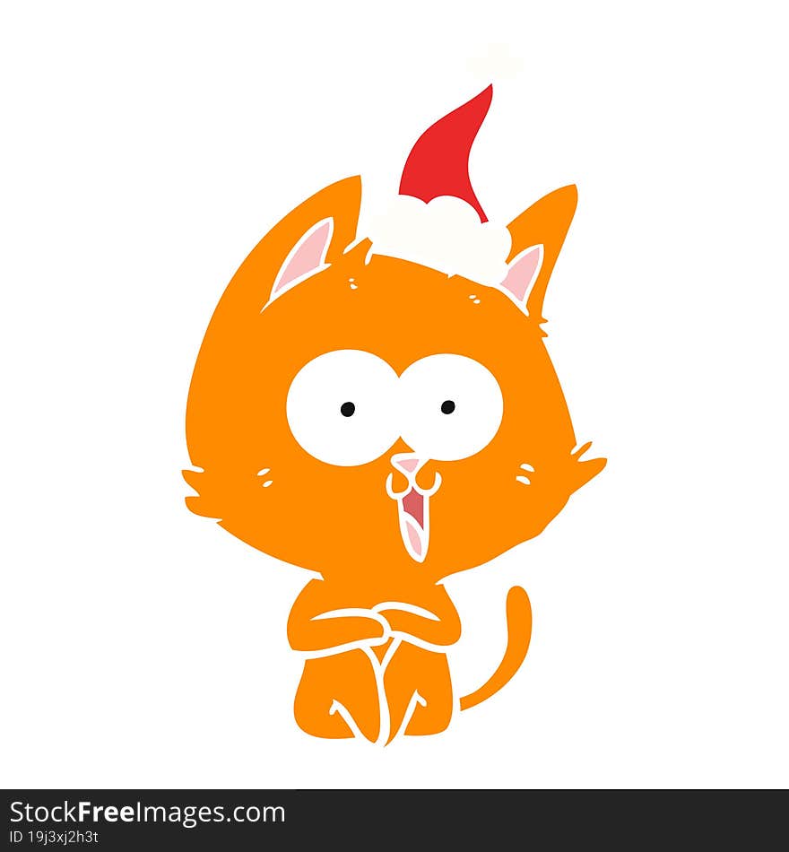 funny flat color illustration of a cat wearing santa hat