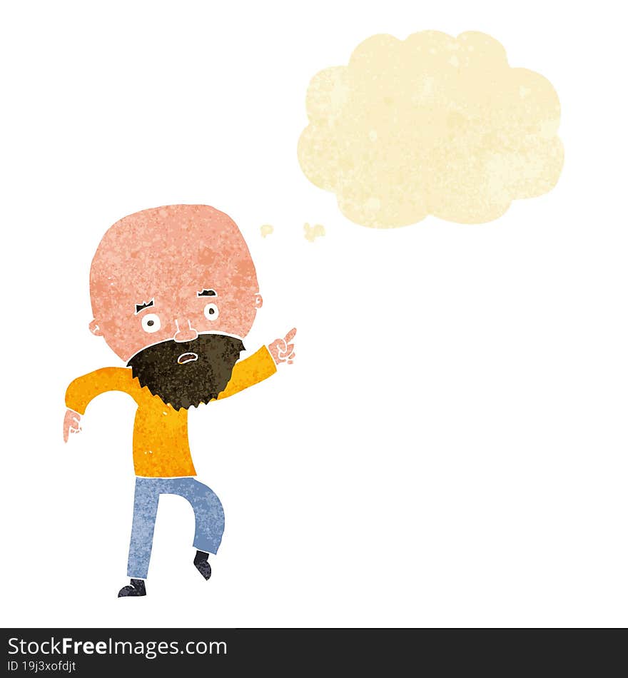 cartoon worried old man pointing with thought bubble