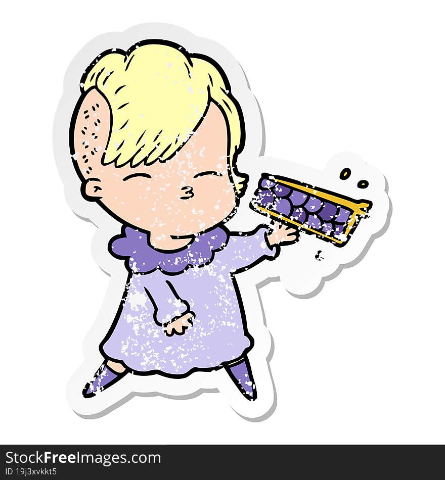 distressed sticker of a cartoon girl with pie