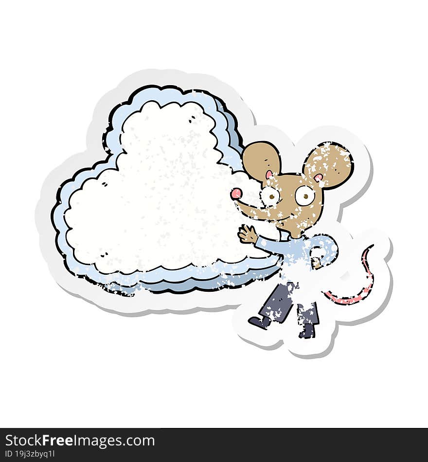 retro distressed sticker of a cartoon mouse with cloud text space