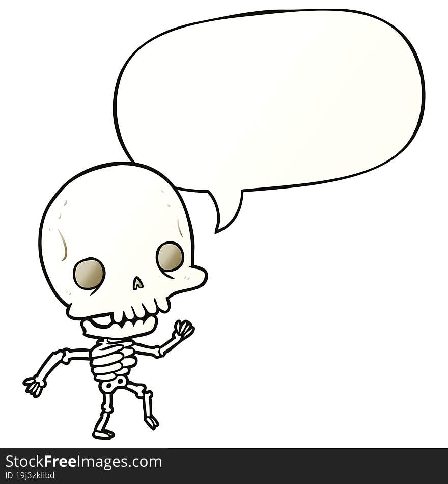 cute cartoon dancing skeleton with speech bubble in smooth gradient style