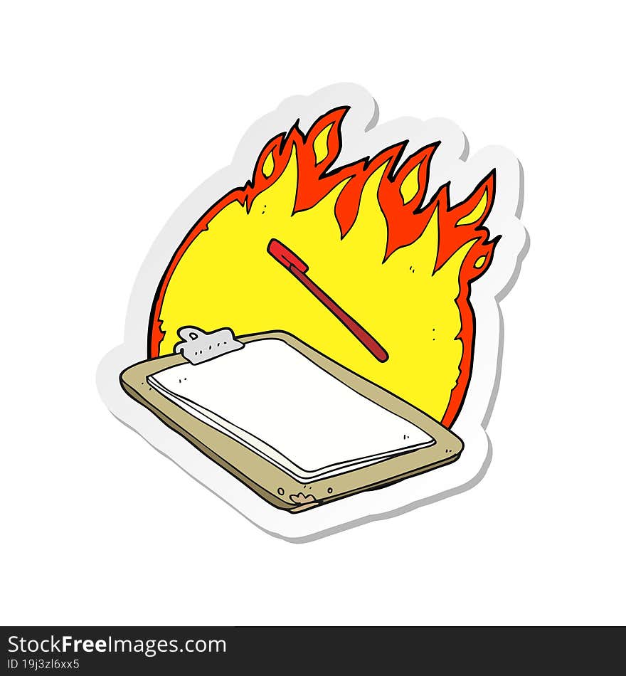 sticker of a cartoon clip board on fire