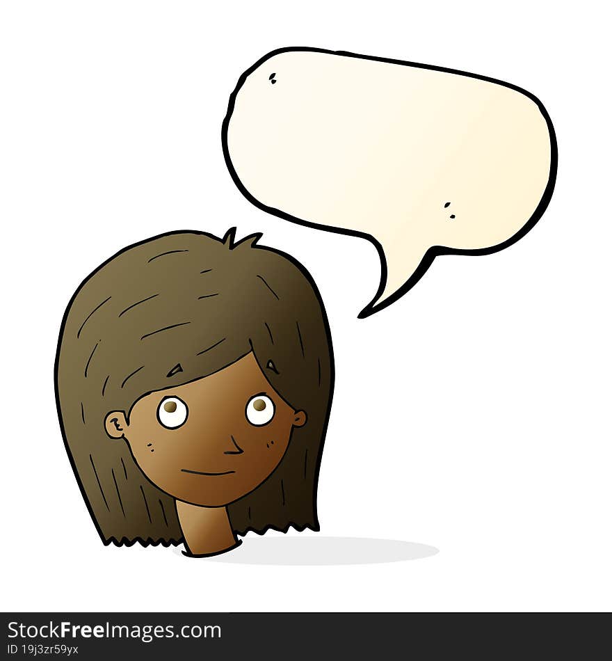 cartoon happy female face with speech bubble