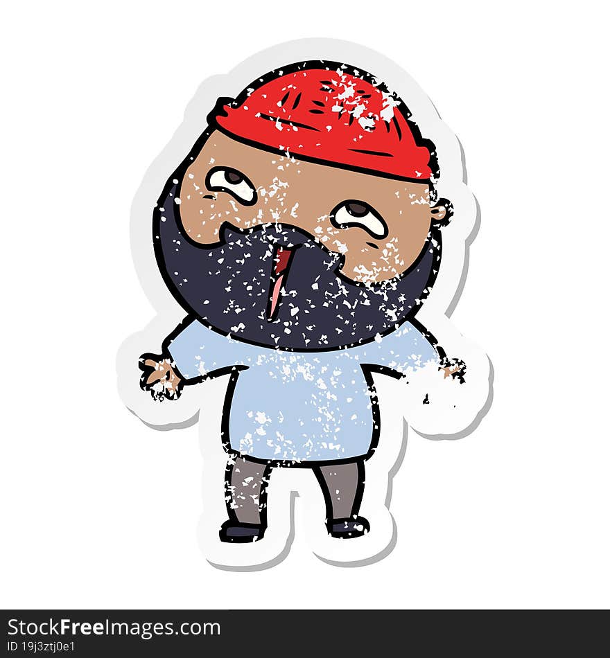 distressed sticker of a cartoon happy bearded man