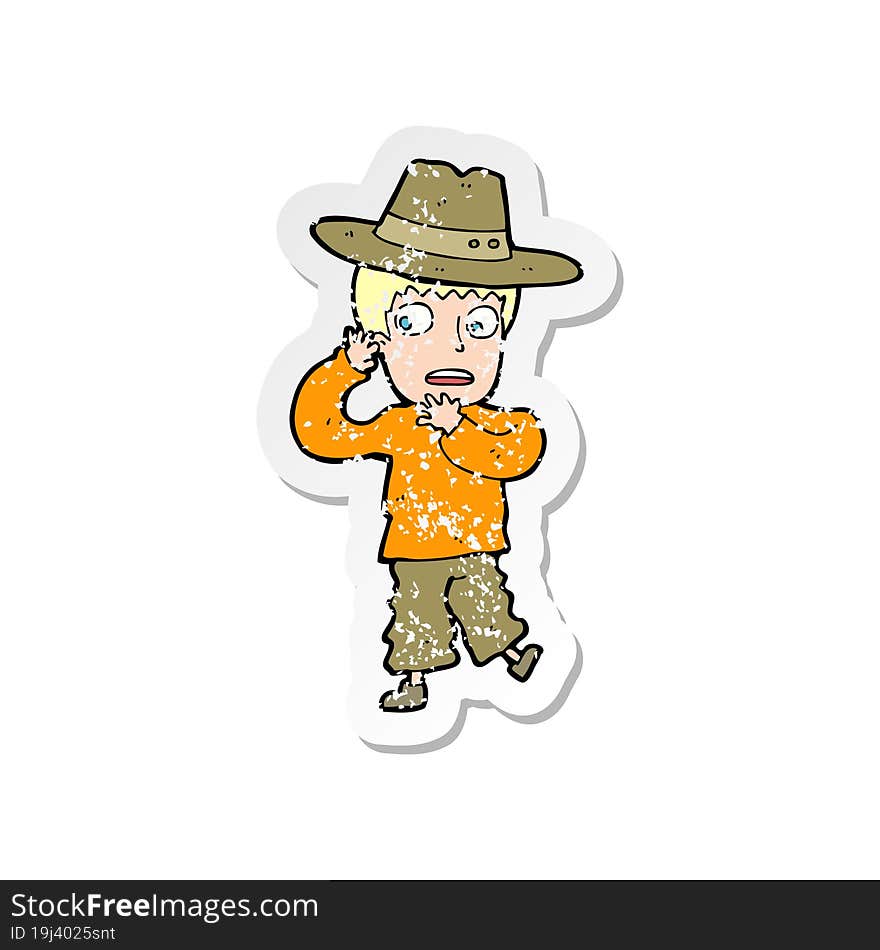 Retro Distressed Sticker Of A Cartoon Scared Boy In Hat