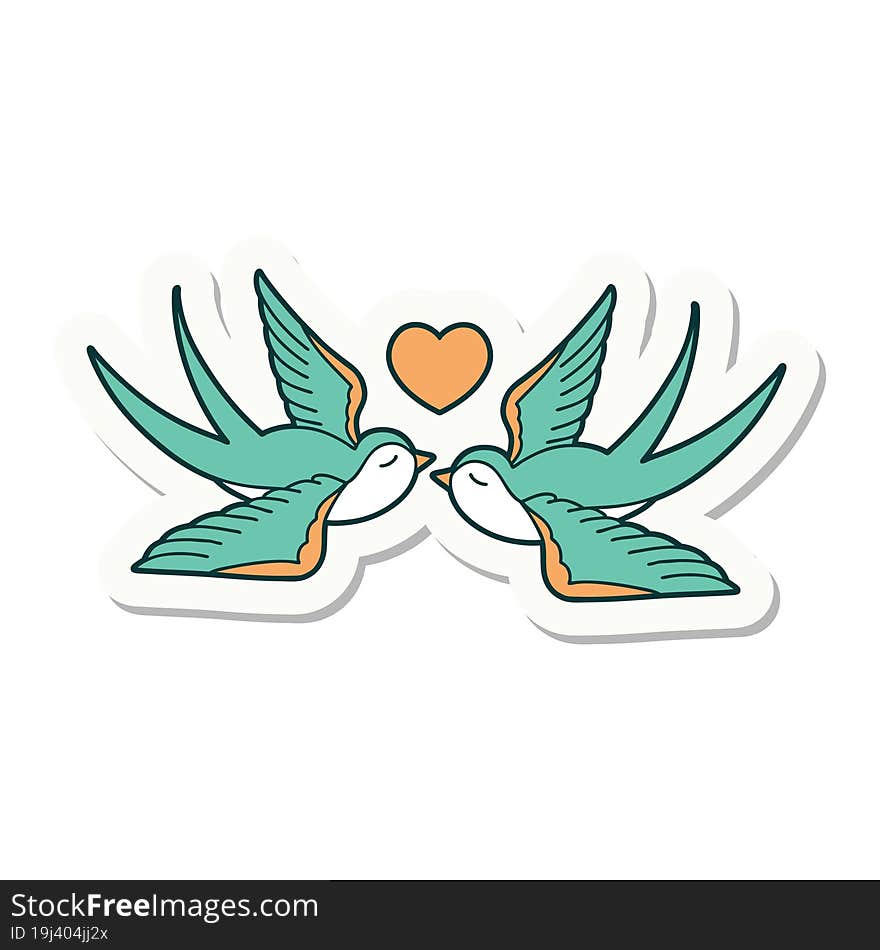 sticker of tattoo in traditional style of swallows and a heart. sticker of tattoo in traditional style of swallows and a heart