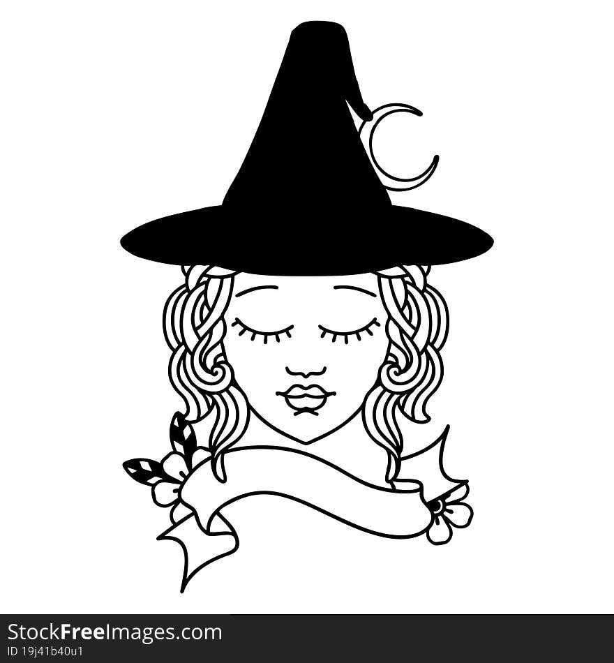 Black and White Tattoo linework Style human witch character face. Black and White Tattoo linework Style human witch character face