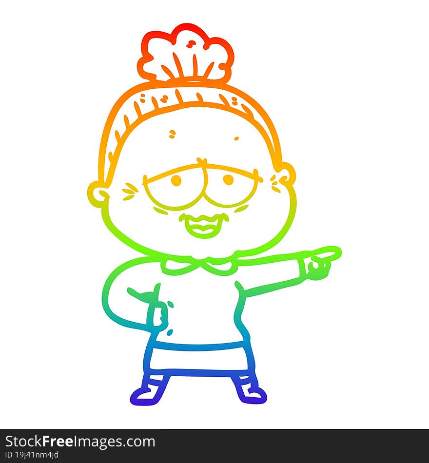 rainbow gradient line drawing of a cartoon happy old lady