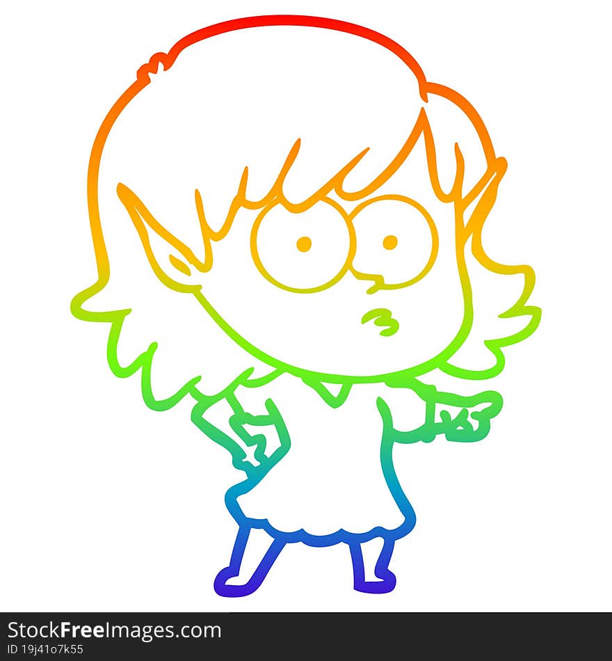 rainbow gradient line drawing cartoon elf girl staring