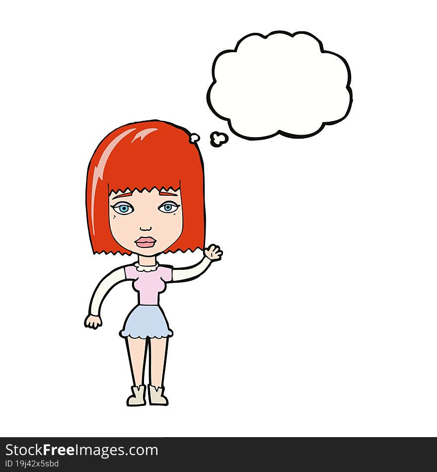 cartoon waving woman with thought bubble