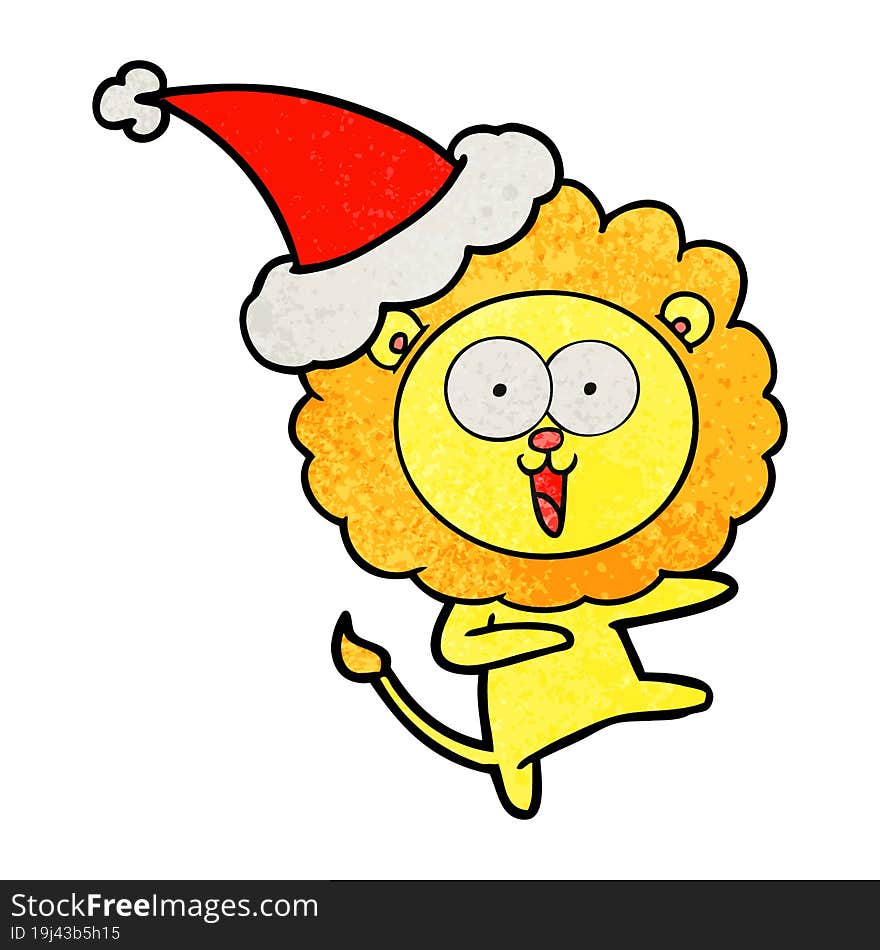 happy textured cartoon of a lion wearing santa hat