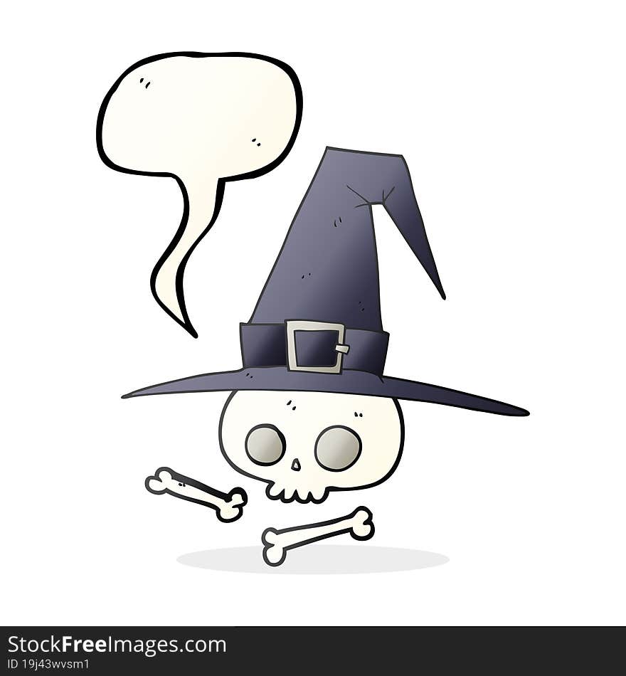 freehand drawn speech bubble cartoon witch hat with skull