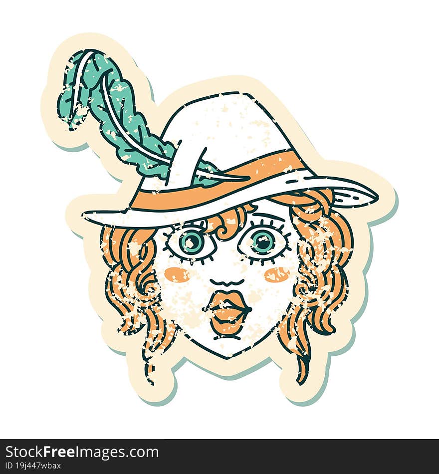 grunge sticker of a human bard character. grunge sticker of a human bard character