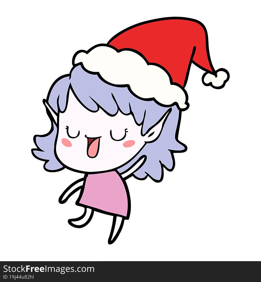 hand drawn line drawing of a elf girl wearing santa hat