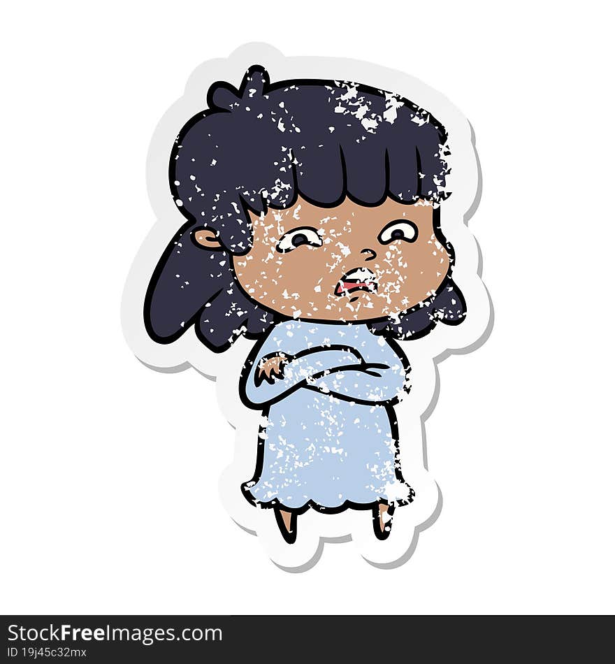 Distressed Sticker Of A Cartoon Worried Woman