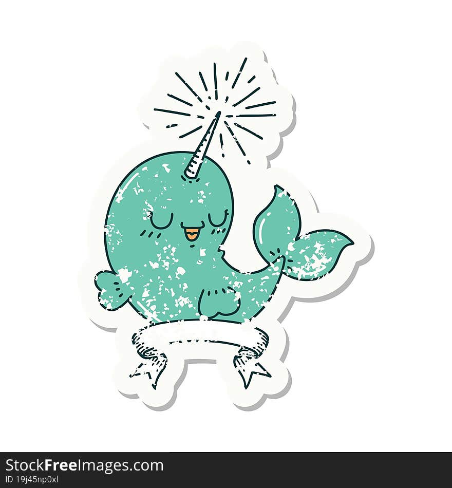 Grunge Sticker Of Tattoo Style Happy Narwhal