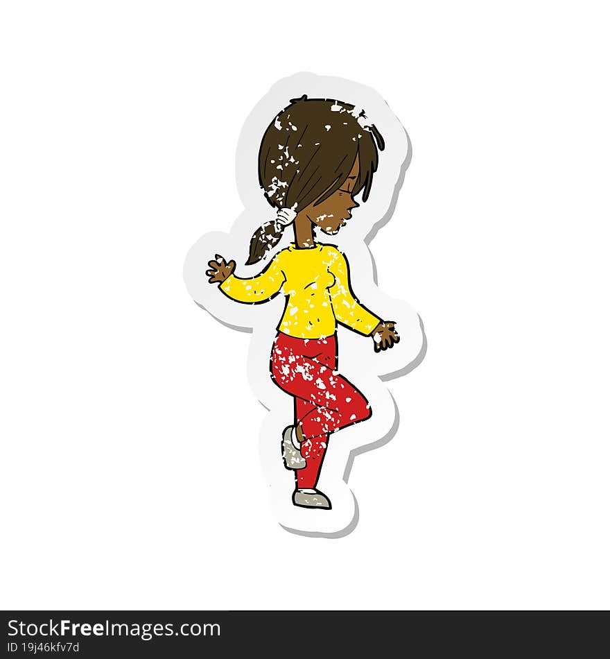 retro distressed sticker of a cartoon girl dancing