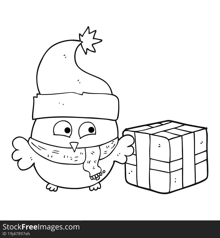 black and white cartoon christmas owl